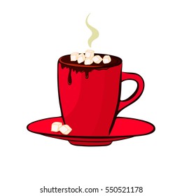 Hot chocolate cup with marshmallows. Red cup on white background. Isolated vector illustration.