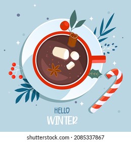 Hot chocolate cup with marshmallows. Winter warming drink, candy cane, berries and leaves. Vector illustration