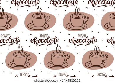 Taza de chocolate caliente Patrón sin fisuras. Ilustración vectorial lineal con inscripción. Fondo caliente de la gorra del chocolate del doodle para el Fondo de pantalla, envoltura, textil, scrapbooking. Fondo de contorno de bebida caliente.