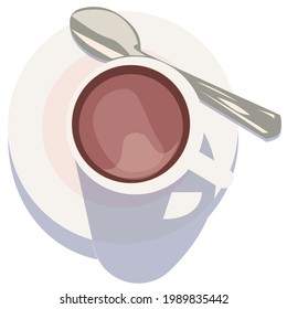 Hot chocolate in a cup with a shade, spoon and saucer for a French breakfast