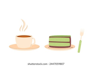 Hot chocolate cup with slice of cake and fork. Sweet bakery piece with coffee. Pastry dessert with cream for breakfast. Vector pie and drink flat illustration isolated on white background.