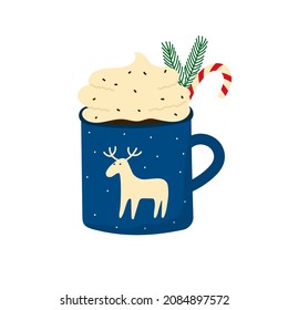 Hot chocolate cup with whipped cream and candy cane. Blue mug with white deer. Christmas winter design element. Doodle style. Isolated vector illustration 