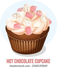 Hot Chocolate Cupcake with Frosting, Marshmallows and Cocoa Powder. Festive Dessert Digital Art 