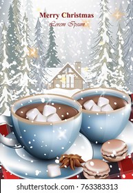 Hot chocolate cups and marshmallows on snowy background. Winter fir trees forest and snow Vector illustration