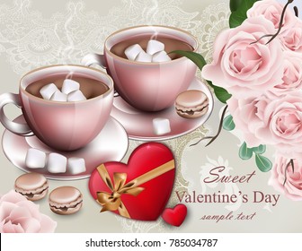 Hot chocolate cups Valentine day card. Delicate composition flower bouquet Vector