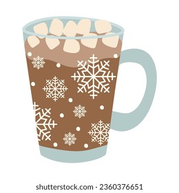 Hot chocolate. Decorative Vector Flat illustration glass matte cup with Cocoa and marshmallows. Christmas greeting card design element. Isolated on white background.