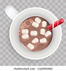 Hot chocolate. Decorative vector illustration cup with cocoa and marshmallows. Christmas greeting card design element