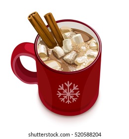 Hot chocolate. Decorative vector illustration red cup with cocoa, cinnamon and marshmallows. Christmas greeting card design element. Isolated vector illustration on white background.