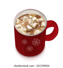 Hot chocolate. Decorative vector illustration red cup with cocoa and marshmallows. Christmas greeting card design element. Isolated vector illustration on white background.