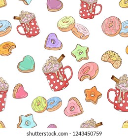 Hot chocolate and donuts vector seamless pattern. Colorful background. Vector illustration.