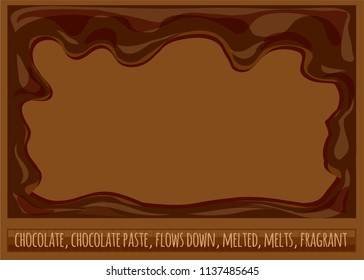 Hot chocolate drains, chocolate paste, drops, puddles, frames. Colorful hand drawn vector stock illustration.