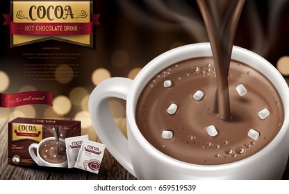 hot chocolate drink ad, with small marshmallows and blurred background, 3d illustration