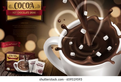 hot chocolate drink ad, with small marshmallows, heart shaped smoke and blurred background, 3d illustration