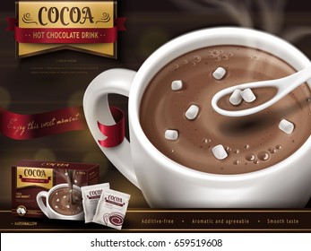 hot chocolate drink ad, with spoon, small marshmallows and blurred background, 3d illustration