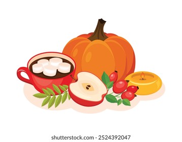 Heißes Schokoladengetränk, Apfel, Kürbis, Rosenhüfte und Kerze, Vektorgrafik. Tasse heißen Kakaos mit Marshmallow, Kürbis, Apfel, Hagebuttensymbol einzeln auf weißem Hintergrund. Stillstandsvektor