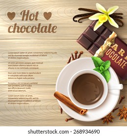 Hot chocolate drink in cup with spices on wooden background vector illustration