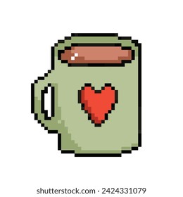 Hot chocolate drink inside green heart mug. Pixel bit retro game styled vector illustration drawing. Simple flat cartoon drawing isolated on square white background.