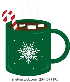 Hot chocolate drink with marshmallow and candy cane on the green mug for Christmas holiday in winter season vector flat illustration.