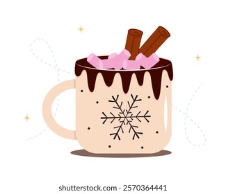 Hot chocolate drink with marshmallows and cinnamon. Vector illustration	