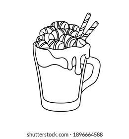 Hot chocolate drink with marshmallows, melted choco syrup and straws in tall glass mug outline line art template. Coloring book page for kids and adults.