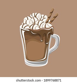 Hot chocolate drink with marshmallows, melted syrup and straws in tall glass mug on brown background vector illustration. Clip art for Christmas, cafe or dessert shops, menu designs, element etc.