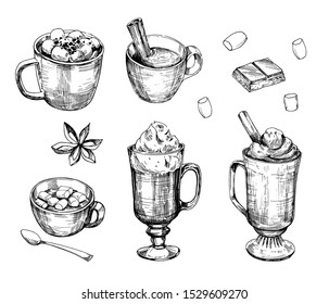 Hot Chocolate Drink. Outline. Hand Drawn Illustration Converted To Vector. Isolated On White Background