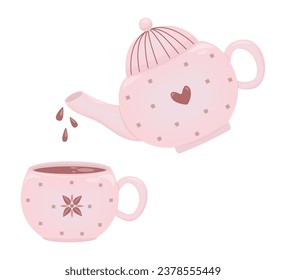 Hot chocolate drink in pink teapot and cup, cute vector illustration