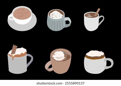 hot chocolate drink set, Ideal for use in cafe menus, drink advertisements, recipe books, social media graphics, or food packaging designs.