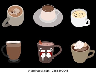 hot chocolate drink set, The illustration also includes elements such as cinnamon, glass cups, and decorative Christmas accents, which add to its appeal.