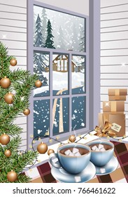 Hot chocolate drinks Christmas background Vector realistic