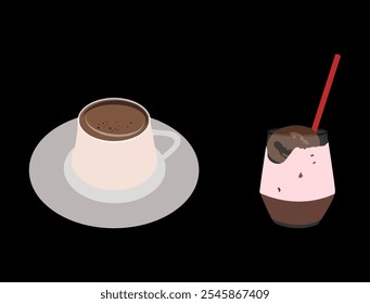 hot chocolate drinks and iced chocolate with ice cream. happy, relaxed. black background