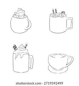 Conjunto de iconos de colección de bebidas de chocolate caliente en ilustración de símbolos de estilo de contorno