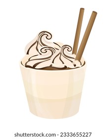 Hot chocolate. Flavorful drink in a mug decorated with whipped cream with chocolate topping and waffle tubes. Vector illustration of dessert isolated on white background.