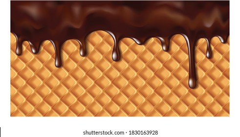 Hot chocolate flowing over a crispy sweet waffle. Waffle background with chocolate. vector illustration.