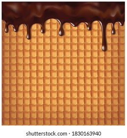 Hot chocolate flowing over a crispy sweet waffle. Waffle background with chocolate. vector illustration.