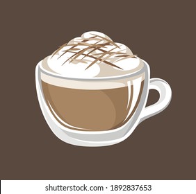 Hot chocolate with foam in a glass mug vector illustration. Clip art for print, cafe, menu, restaurants, coffee shops, etc.