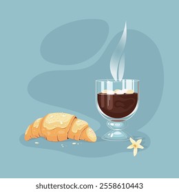 Hot chocolate in a glass, croissant and vanilla flower on a gray-blue background. Vector