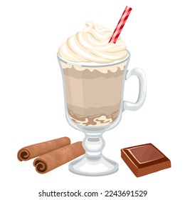 Hot chocolate in a glass isolated on a white background. Vector drinks ingredients set. Winter cocktail with chocolate, cocoa powder, milk, sugar. Classic winter hot cocoa or drinking chocolate.