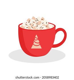 Hot chocolate glass with marshmallows, red with snowflake ornament. Christmas greeting cards design element. Isolated illustration.