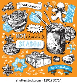 Hot Chocolate, Holiday Hot Drink Illustration. Hand drawn cup of cocoa with marshmallow, festive decoration and gingerbread. Engraved style vector artwork. Good for cafe ads, bar menu, print design