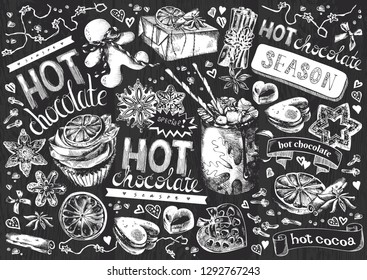 Hot Chocolate, Holiday Hot Drink Illustration. Hand drawn cup of cocoa with marshmallow, festive decoration and gingerbread. Engraved style vector artwork. Good for cafe ads, bar menu, print design