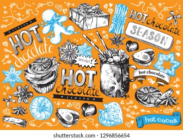 Hot Chocolate, Holiday Hot Drink Illustration. Hand drawn cup of cocoa with marshmallow, festive decoration and gingerbread. Engraved style vector artwork. Good for cafe ads, bar menu, print design