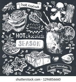 Hot Chocolate, Holiday Hot Drink Illustration. Hand drawn cup of cocoa with marshmallow, festive decoration and gingerbread. Engraved style vector artwork. Good for cafe ads, bar menu, print design