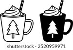 Hot Chocolate Icons. Black and White Vector Icons. Cup with Hot Drink and Straw. Christmas and Holiday Concept