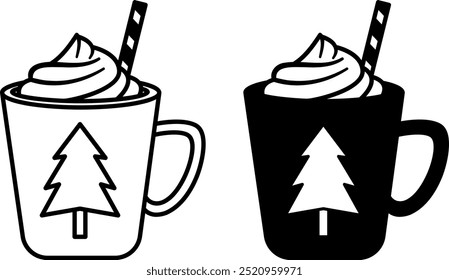 Hot Chocolate Icons. Black and White Vector Icons. Cup with Hot Drink and Straw. Christmas and Holiday Concept