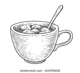 Hot chocolate illustration, drawing, engraving, ink, line art, vector