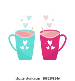 hot chocolate isolated on white background.  2 cups with a fragrant drink. Steam in the form of hearts. Cartoon style. Vector illustration.