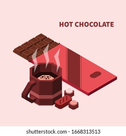 Hot chocolate isomeric background with cup of drink candies and chocolate bar vector illustration
