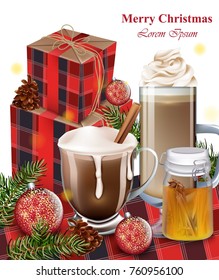 Hot chocolate, latte and gift boxes. Winter Holiday background