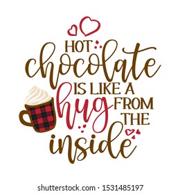 Hot chocolate is like a hug from the inside - Hand drawn vector illustration. Autumn color poster. Good for scrap booking, posters, greeting cards, banners, textiles, gifts, shirts, mugs or other gift